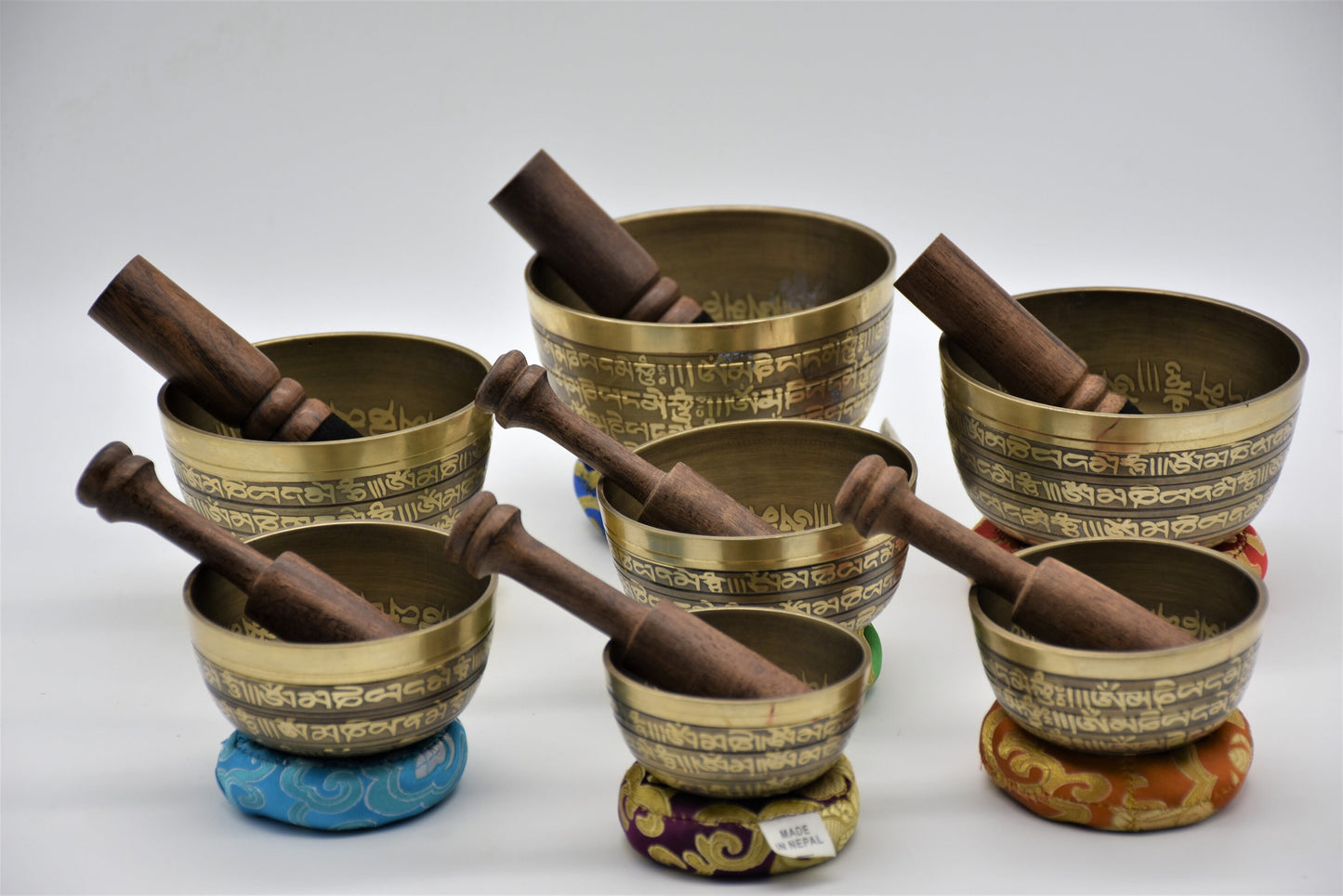 Seven Chakra Tibetan Singing Bowl Set: Handmade Mantra Bowls with Mallets