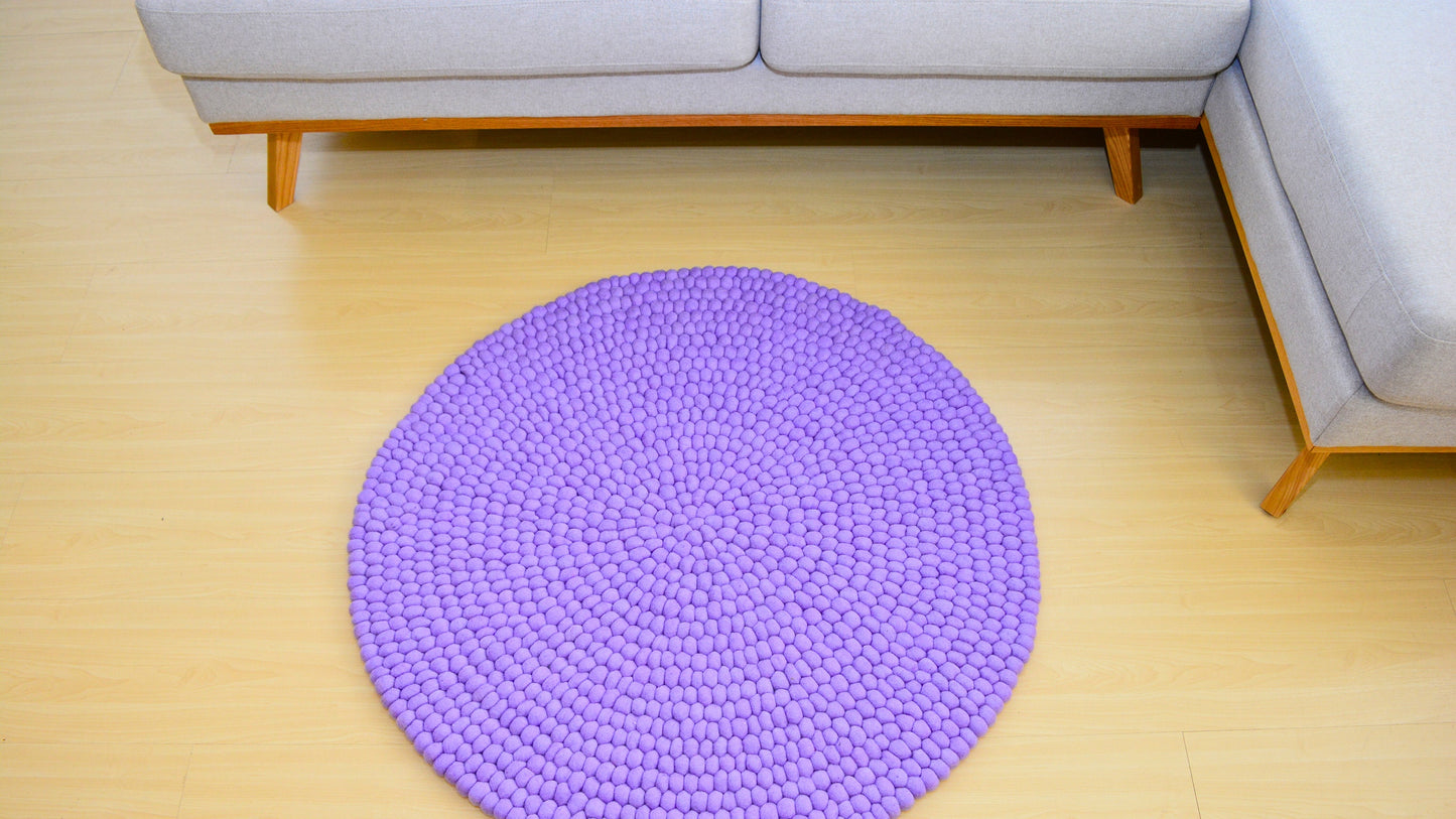 Handmade Purple Felt Ball Rug, New Zealand Wool, Round Rug