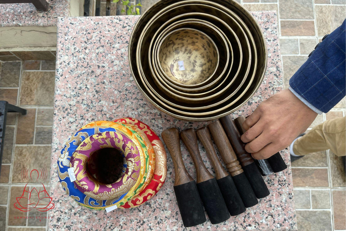 Tiger Eye Tibetan Singing Bowl Set: 7 Chakra Tuned, Handcrafted in Nepal