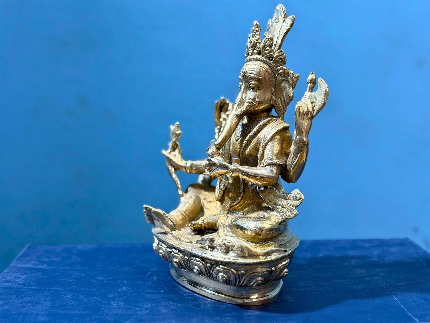 Handmade Golden Ganesh Statue - 6 inch tall Brass Sculpture - Handcrafted in Nepal