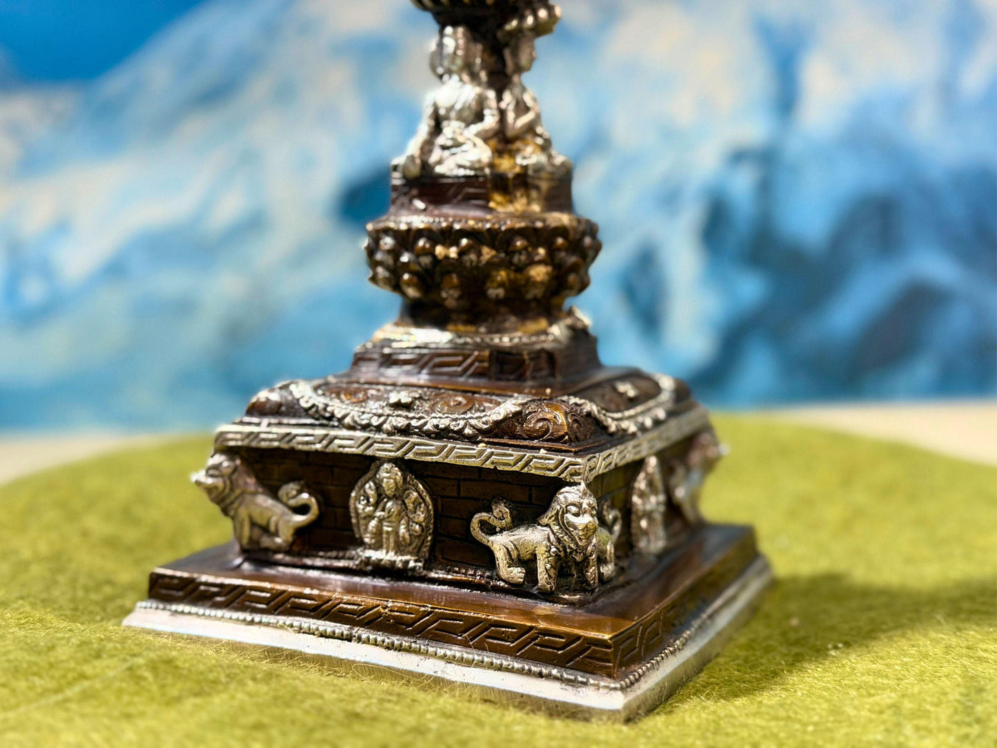 Handmade Tibetan Brass Chaitya with Buddha Statue – 8 Inch Sacred Stupa