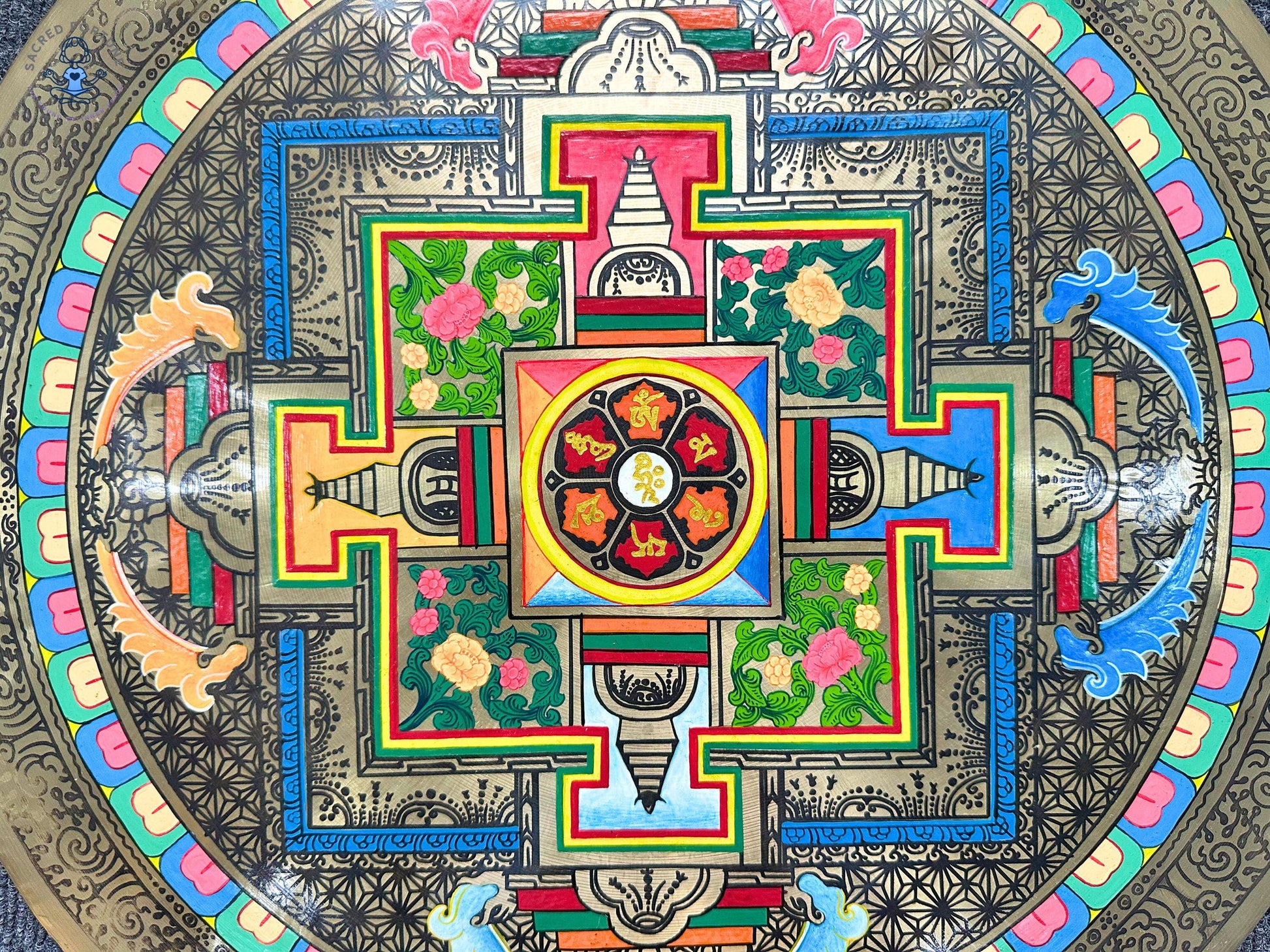 Handmade Sri Yantra Gong | Sacred Geometry Sound Healing Gong | 7-Metals Tibetan Gong for Meditation, Yoga & Chakra Alignment | Fair Trade World Creation Crafts