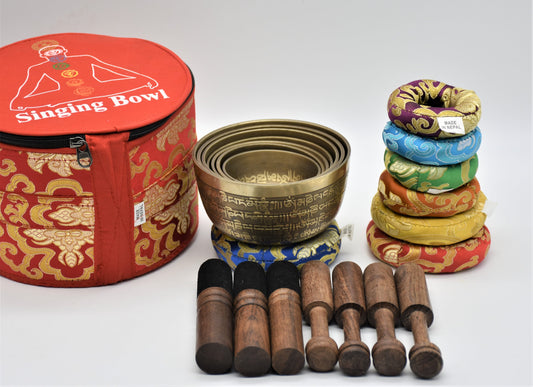 Seven Chakra Tibetan Singing Bowl Set: Handmade Mantra Bowls with Mallets