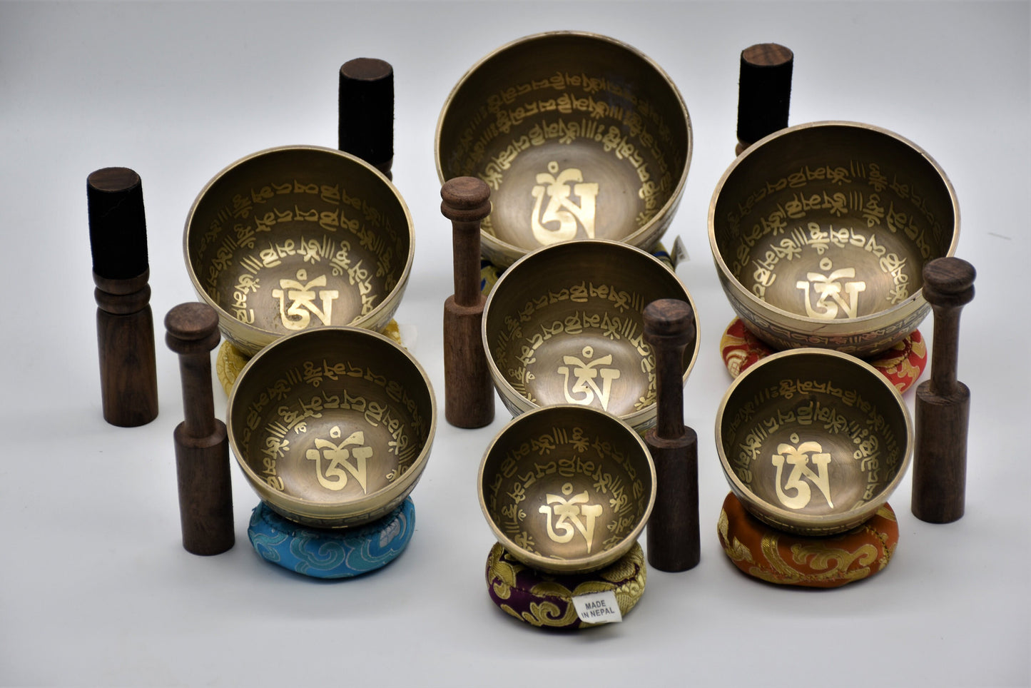 Seven Chakra Tibetan Singing Bowl Set: Handmade Mantra Bowls with Mallets