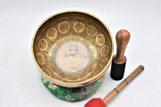 Handmade Chakra Engraved Singing Bowl: Sound Bath & Meditation (10-16 inch)