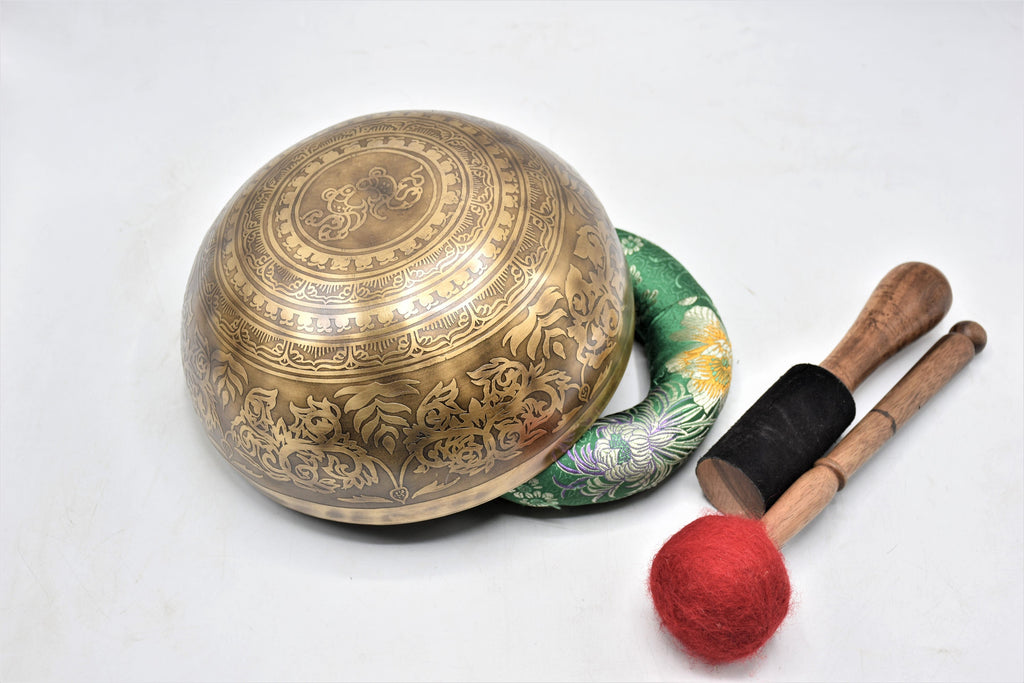 Handmade Chakra Engraved Singing Bowl: Sound Bath & Meditation (10-16 inch)
