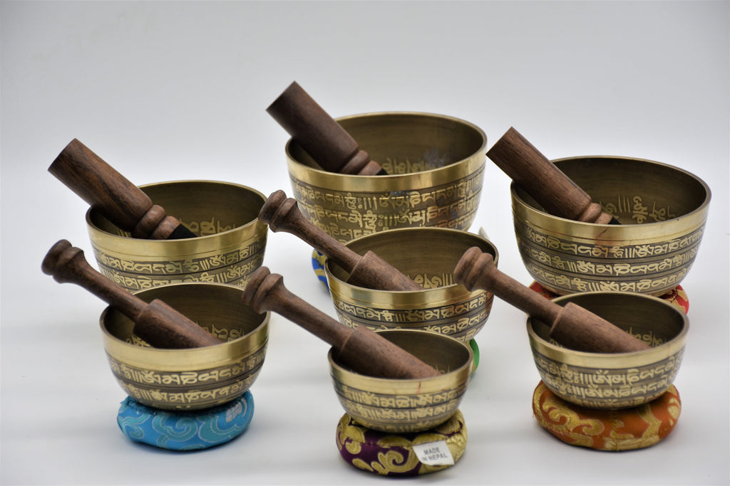 Seven Chakra Tibetan Singing Bowl Set: Handmade Mantra Bowls with Mallets