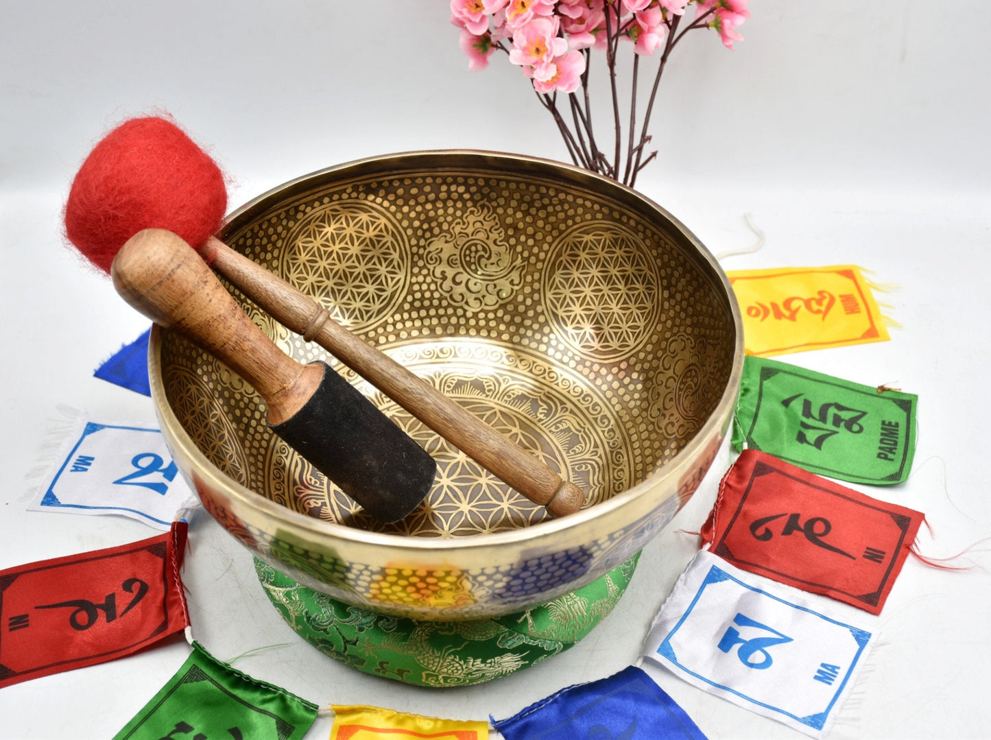 Flower of Life Singing Bowl: 11 inch Handmade Tibetan Bowl for Sound Healing