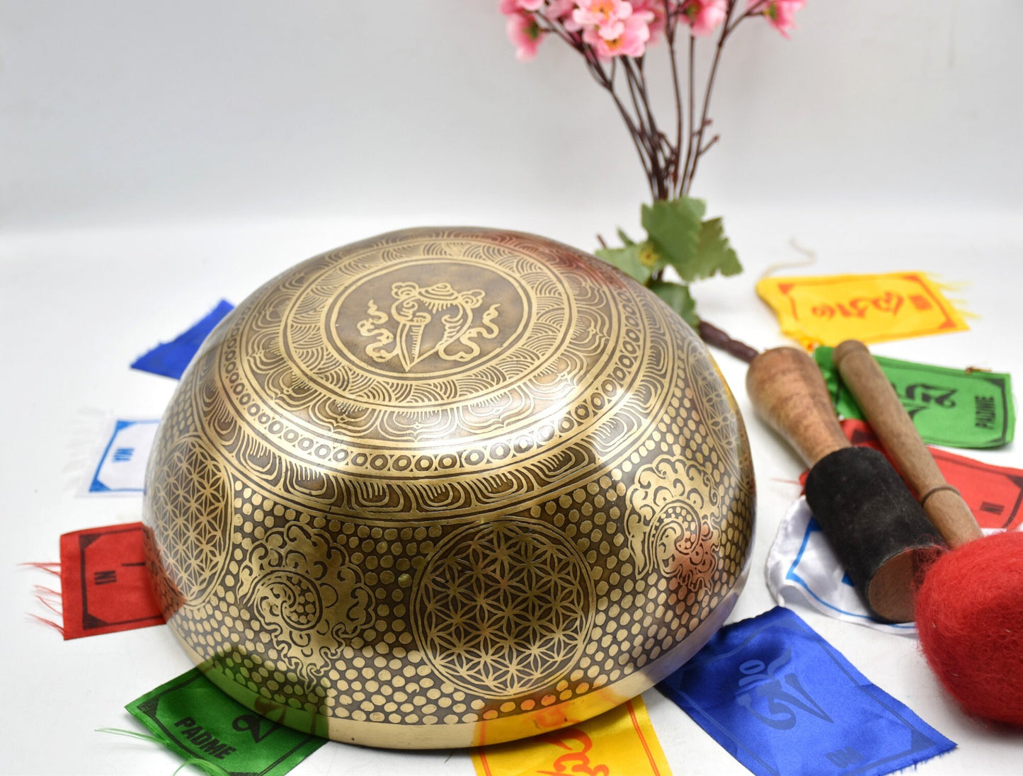 Flower of Life Singing Bowl: 11 inch Handmade Tibetan Bowl for Sound Healing