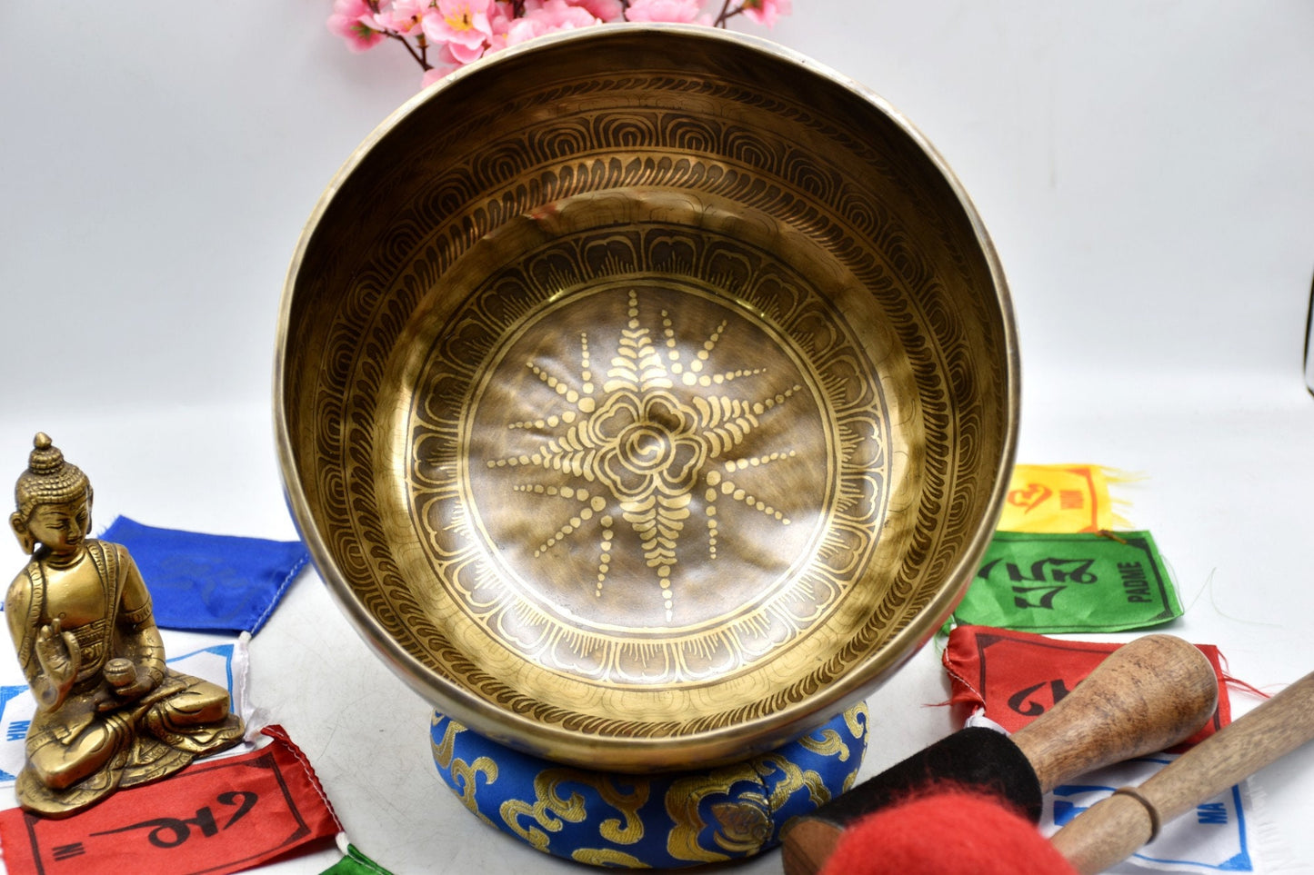 Handmade Himalayan Singing Bowl: Flower Engraved Tibetan Bowl (10-16 inch)