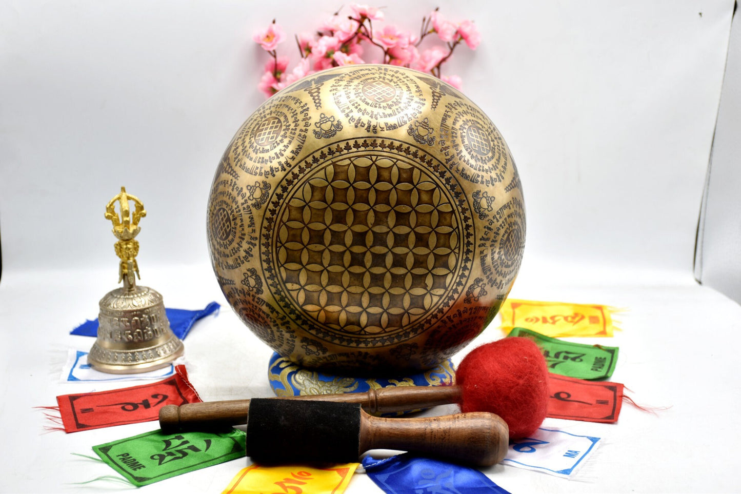 Handmade Sacred Buddha Etched Singing Bowl: 12-24 inch Tibetan Bowl