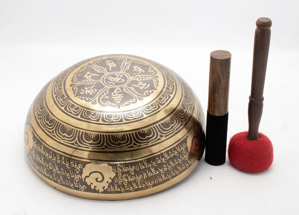 12 Inch Mantra Engraved Singing Bowl: Handmade Tibetan Sound Bath Bowl