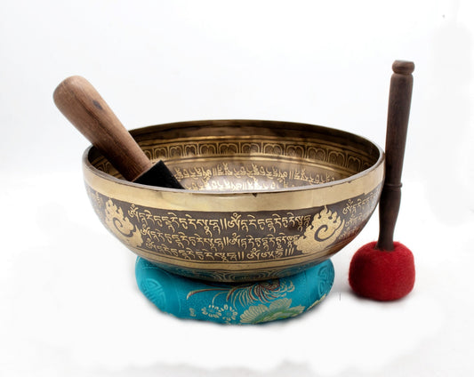 12 Inch Mantra Engraved Singing Bowl: Handmade Tibetan Sound Bath Bowl