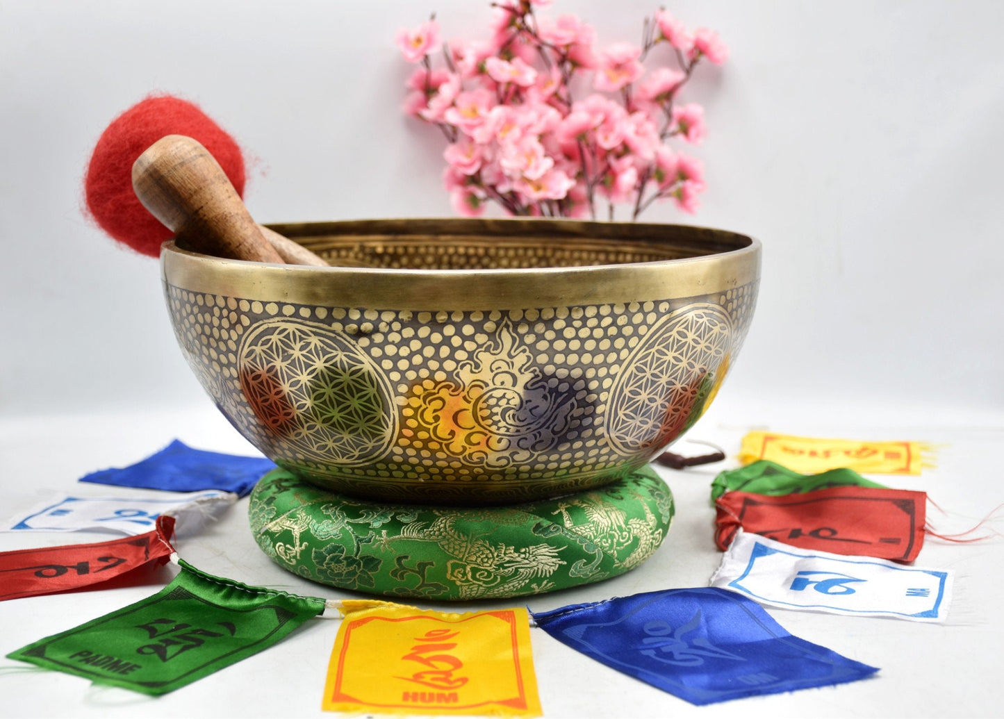 Flower of Life Singing Bowl: 11 inch Handmade Tibetan Bowl for Sound Healing