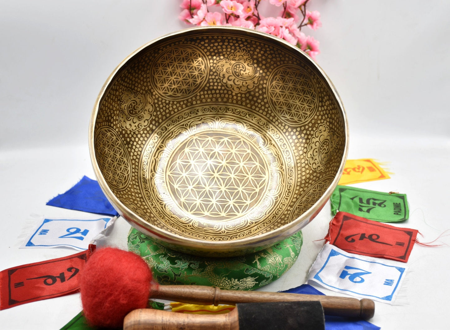Flower of Life Singing Bowl: 11 inch Handmade Tibetan Bowl for Sound Healing