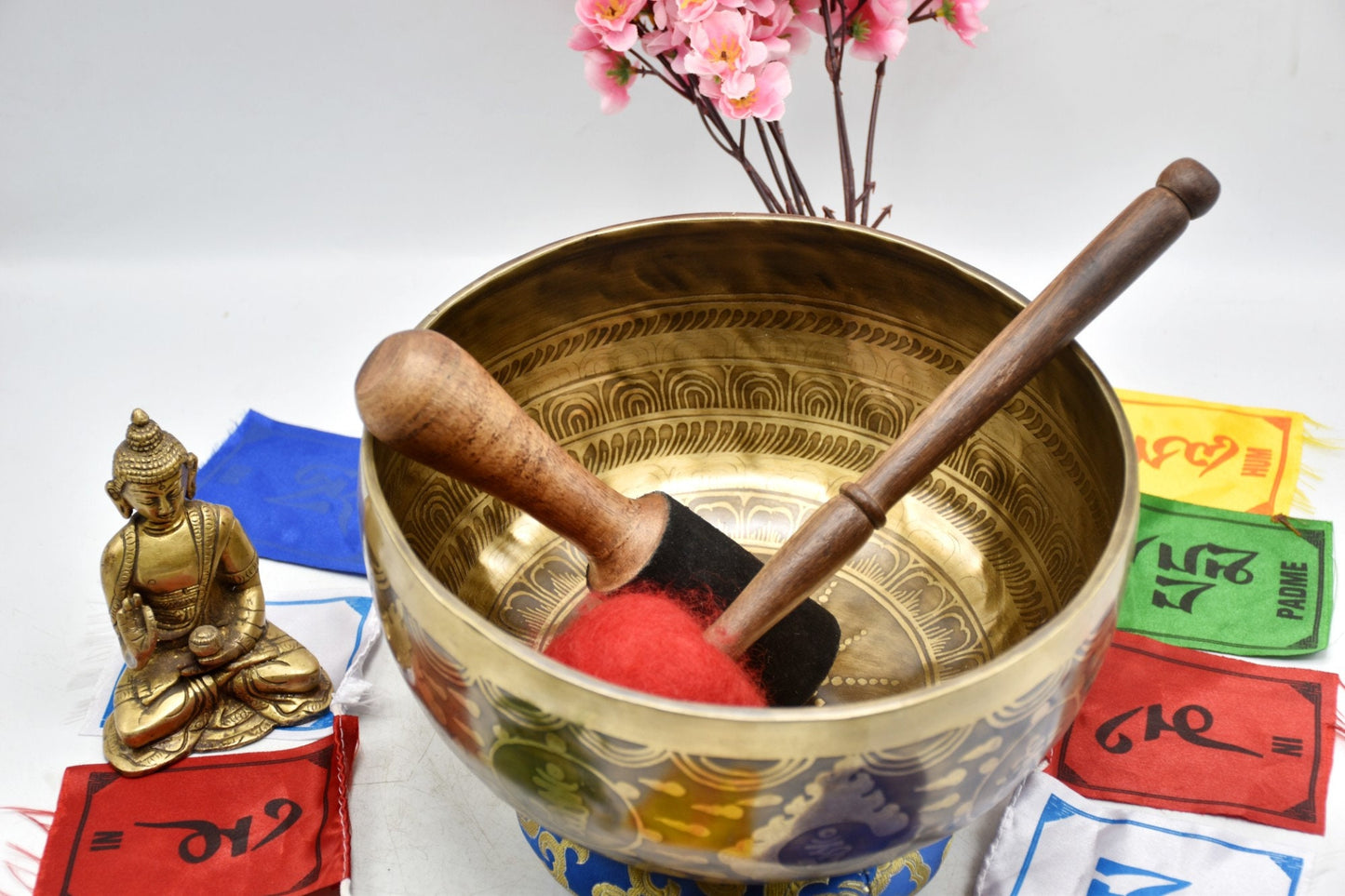 Handmade Himalayan Singing Bowl: Flower Engraved Tibetan Bowl (10-16 inch)