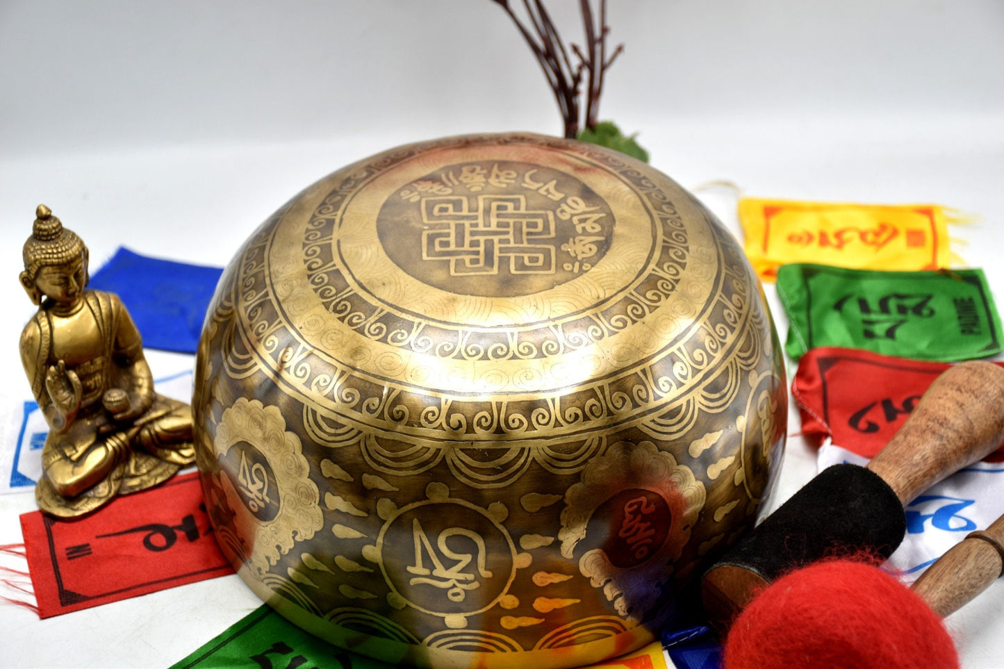 Handmade Himalayan Singing Bowl: Flower Engraved Tibetan Bowl (10-16 inch)