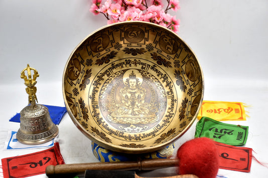 Handmade Sacred Buddha Etched Singing Bowl: 12-24 inch Tibetan Bowl