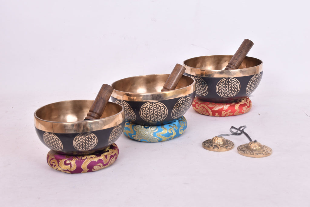 Antique Himalayan Singing Bowl Set: Flower of Life, Chakra Healing