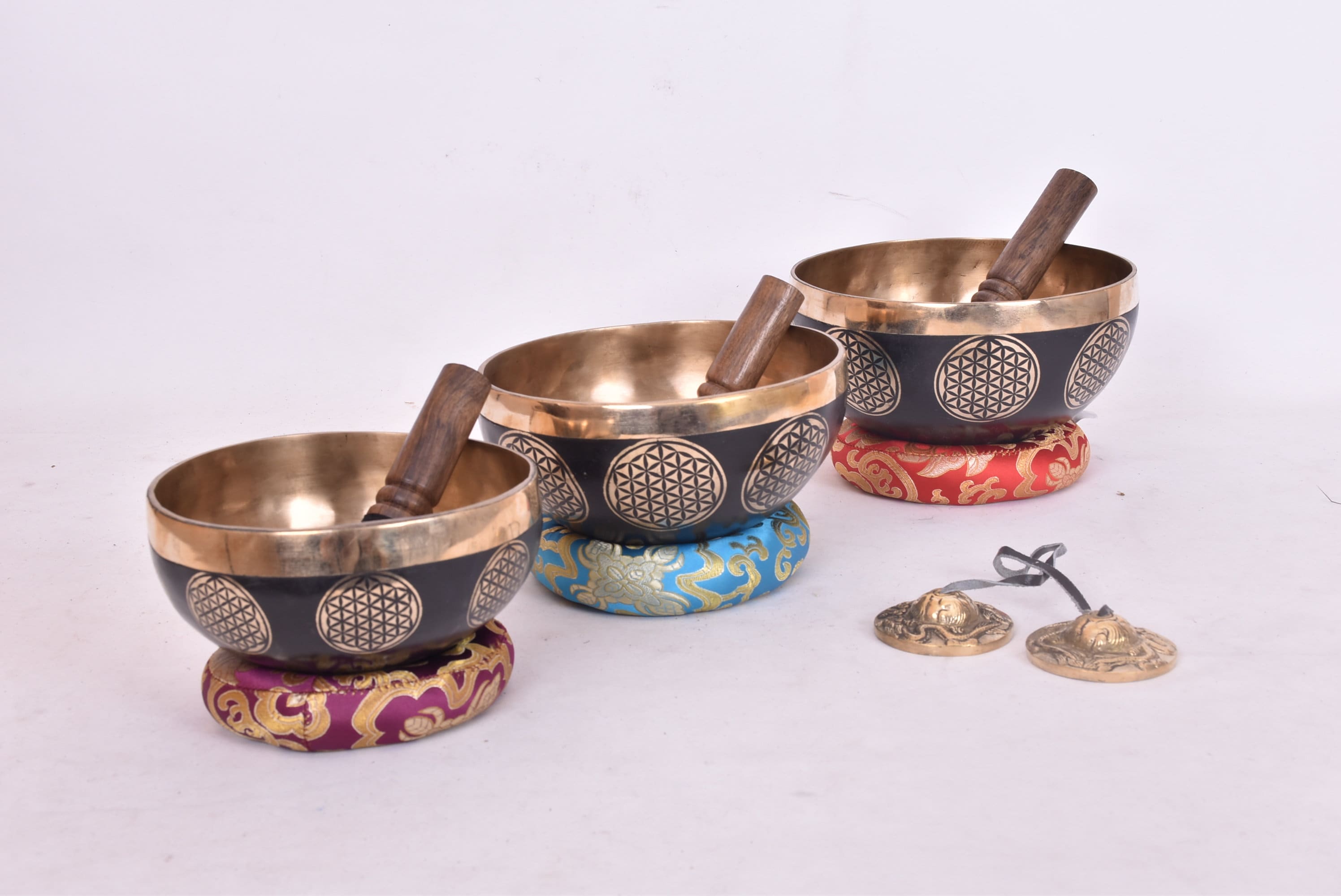 Antique Himalayan Singing Bowl Set: Flower of Life, Chakra Healing
