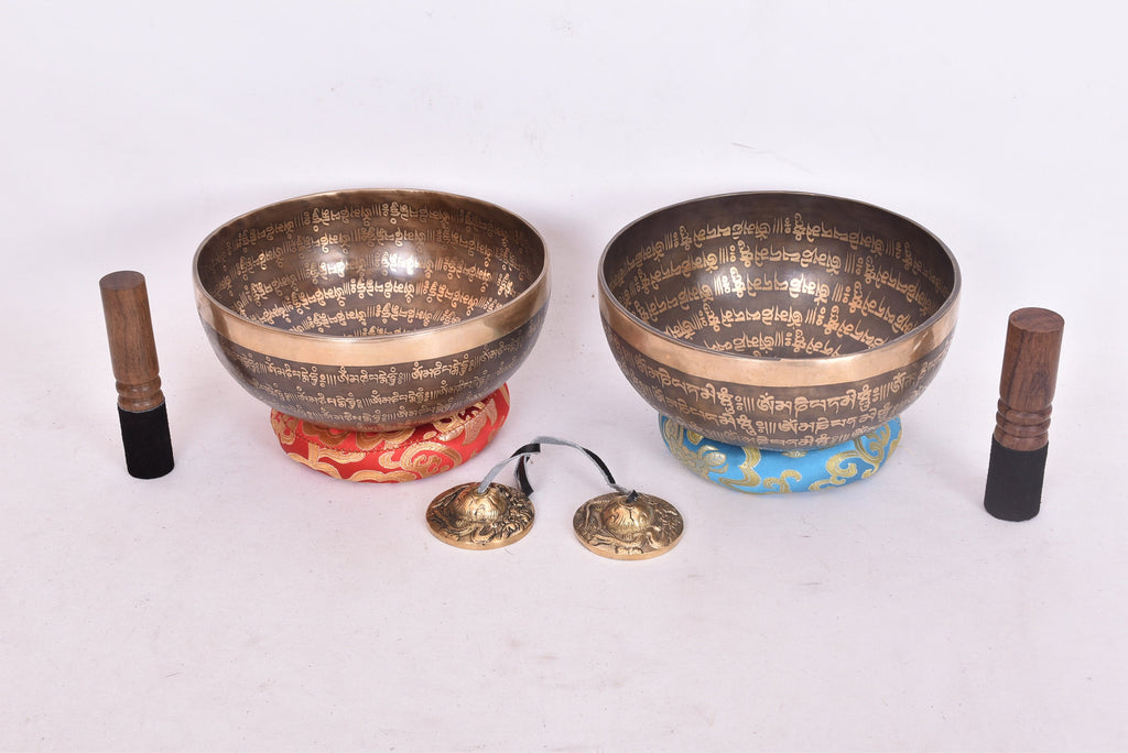 Handmade Mantra Carved Singing Bowl Set: Tibetan Sound Healing