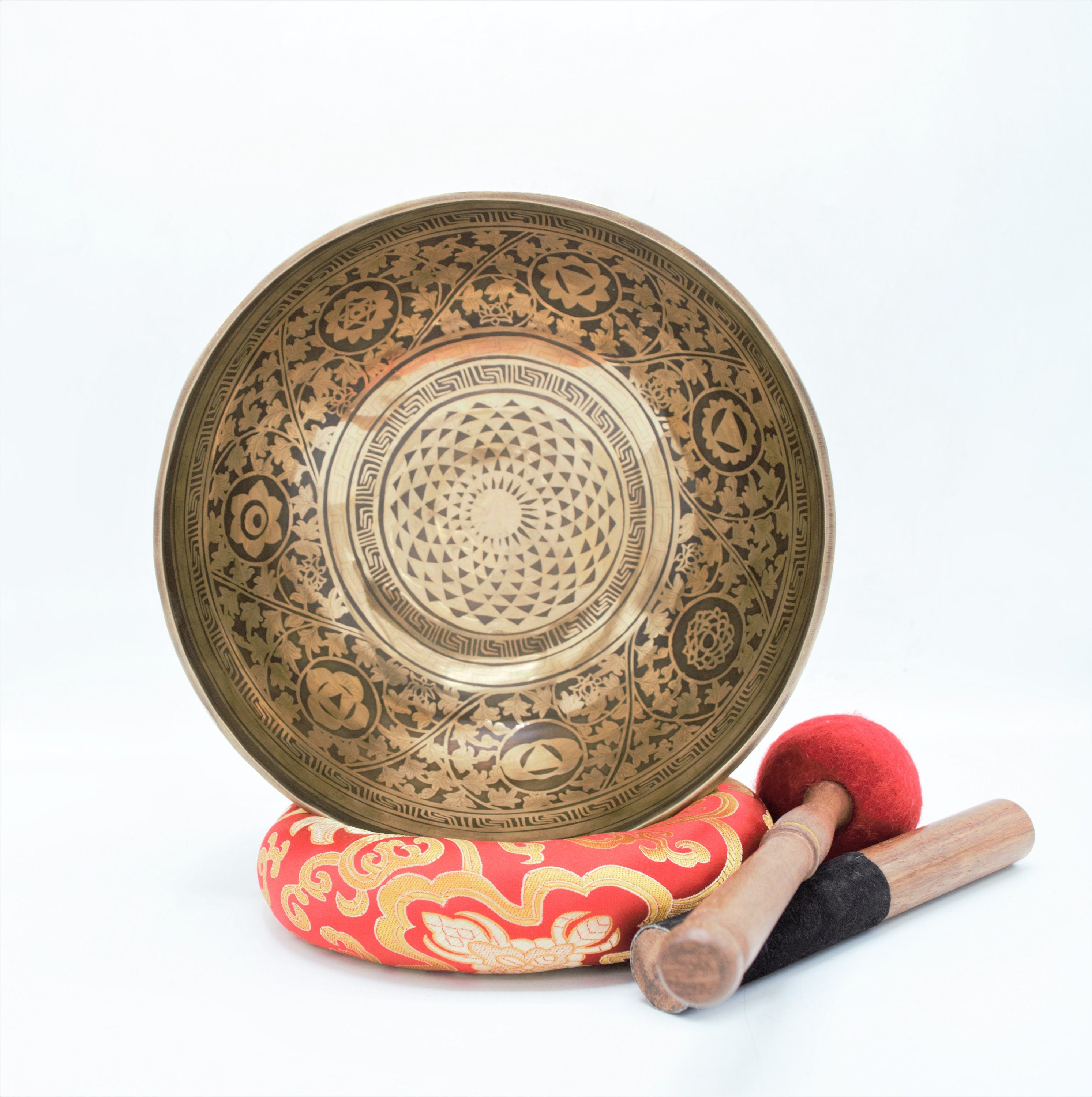 Flower of Life Carved Singing Bowl: 10 inch Tibetan Bowl for Sound Healing