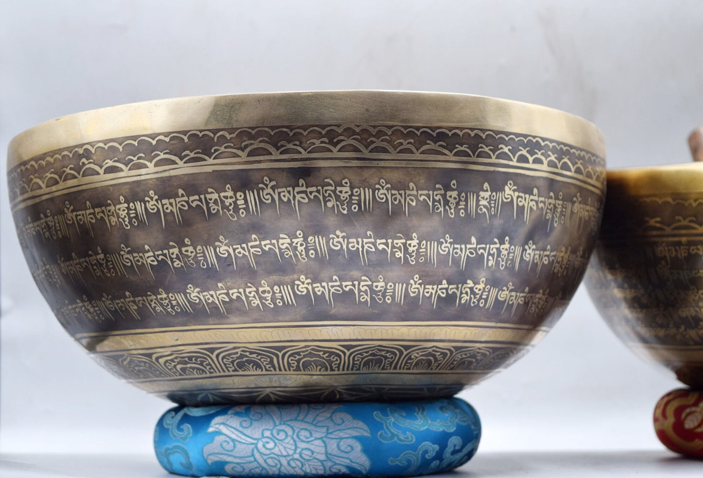 Mantra Engraved Singing Bowl Set: Handmade Tibetan Meditation Bowl