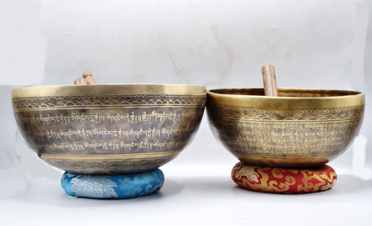 Mantra Engraved Singing Bowl Set: Handmade Tibetan Meditation Bowl