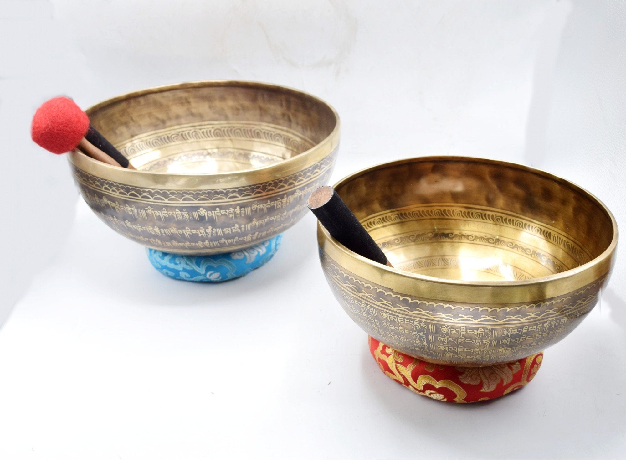 Mantra Engraved Singing Bowl Set: Handmade Tibetan Meditation Bowl