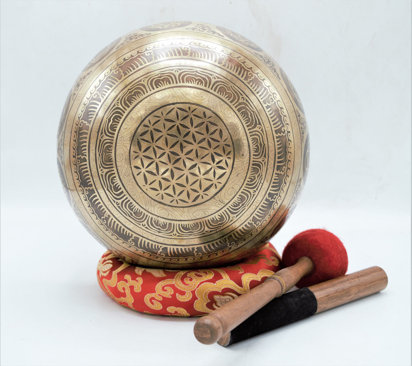 Flower of Life Carved Singing Bowl: 10 inch Tibetan Bowl for Sound Healing