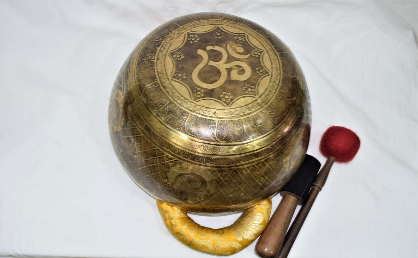 15 inch Om Carved Singing Bowl: Handmade Tibetan Meditation Bowl