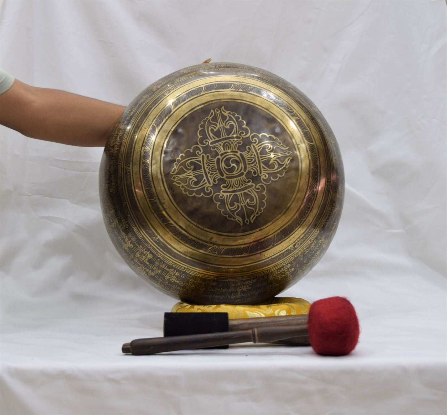 15 inch Yogi Engraved Singing Bowl: Handmade Chakra Balance Tibetan Bowl