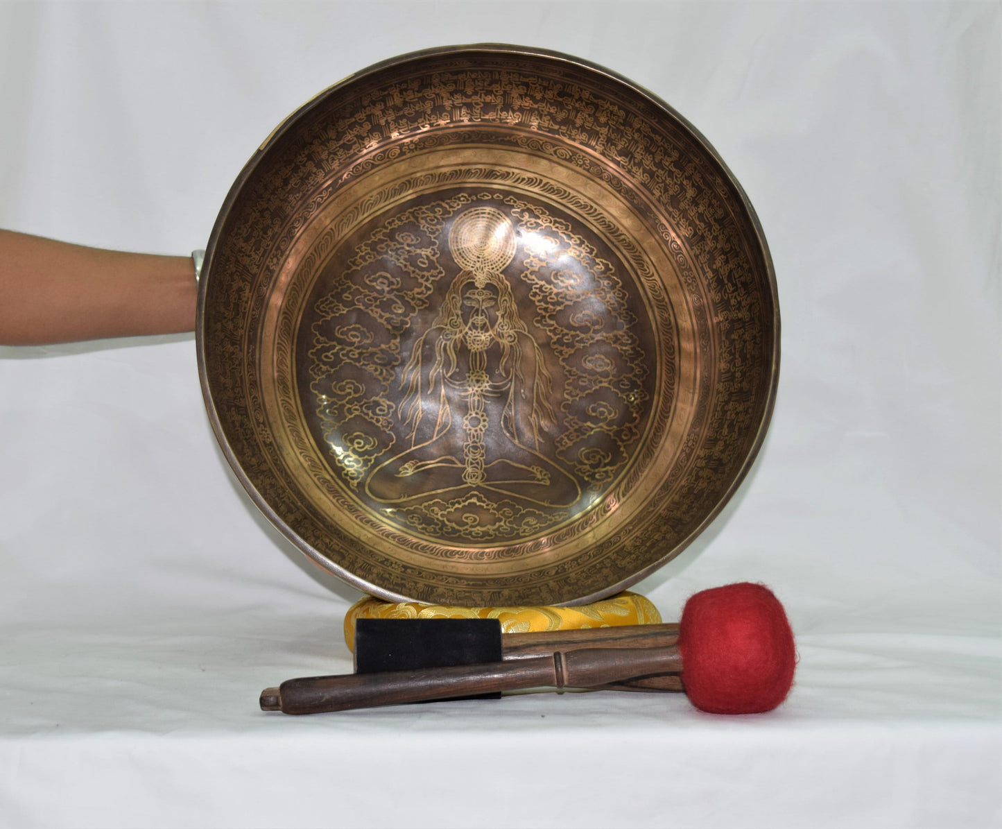 15 inch Yogi Engraved Singing Bowl: Handmade Chakra Balance Tibetan Bowl