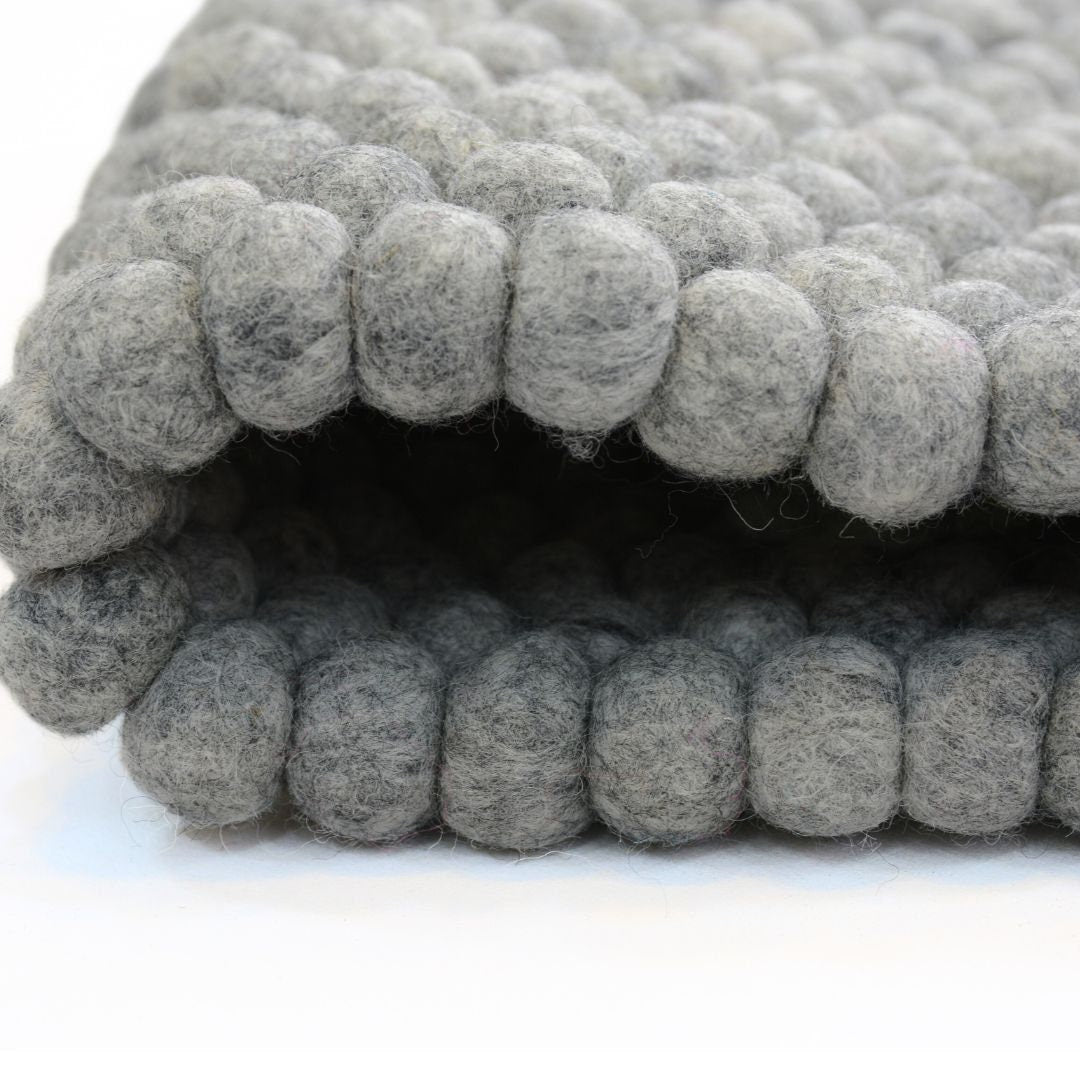 Dark Gray Felt Ball Rug: Handmade Variegated Wool Mat