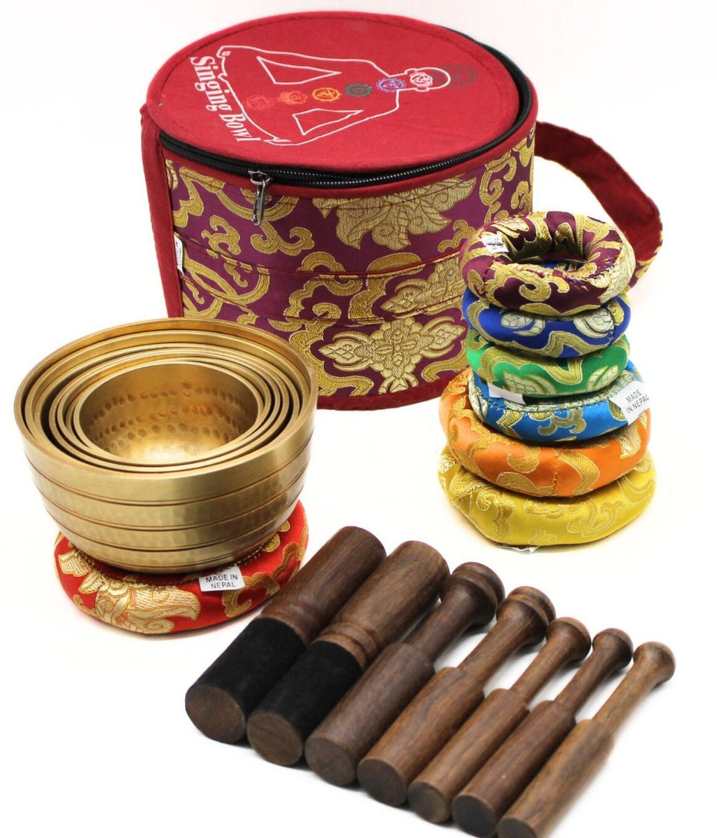 Hand Hammered Set of Seven Tibetan Singing Bowls: Sound Healing & Chakra Tuning