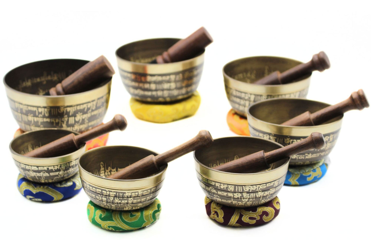 Seven Chakra Tibetan Singing Bowl Set: Handmade Mantra Bowls with Mallets