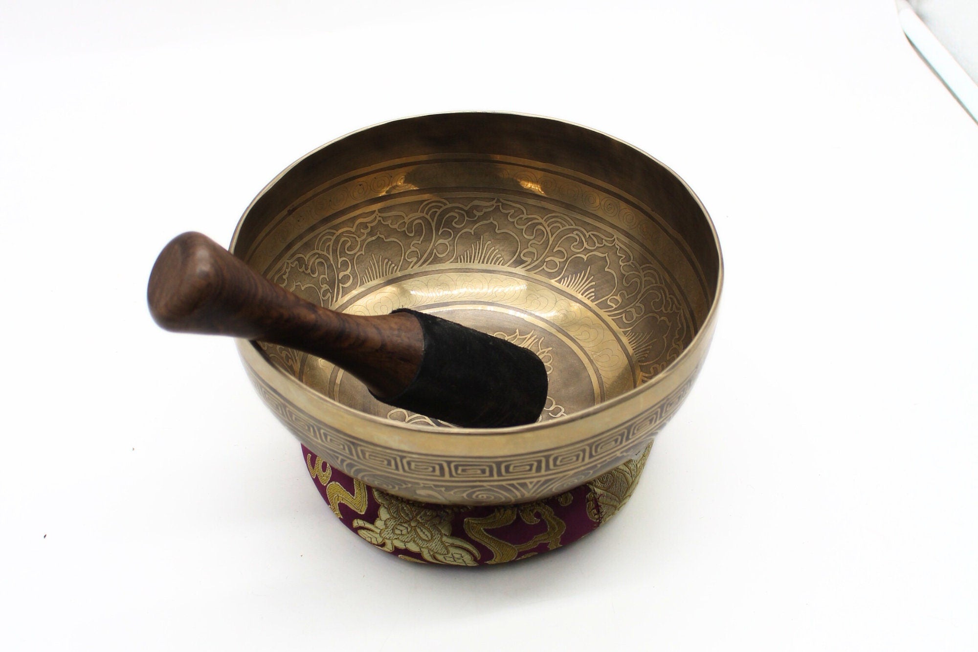 Carved Tibetan Singing Bowl: 8.5 inch Handmade Nepali Healing Instrument