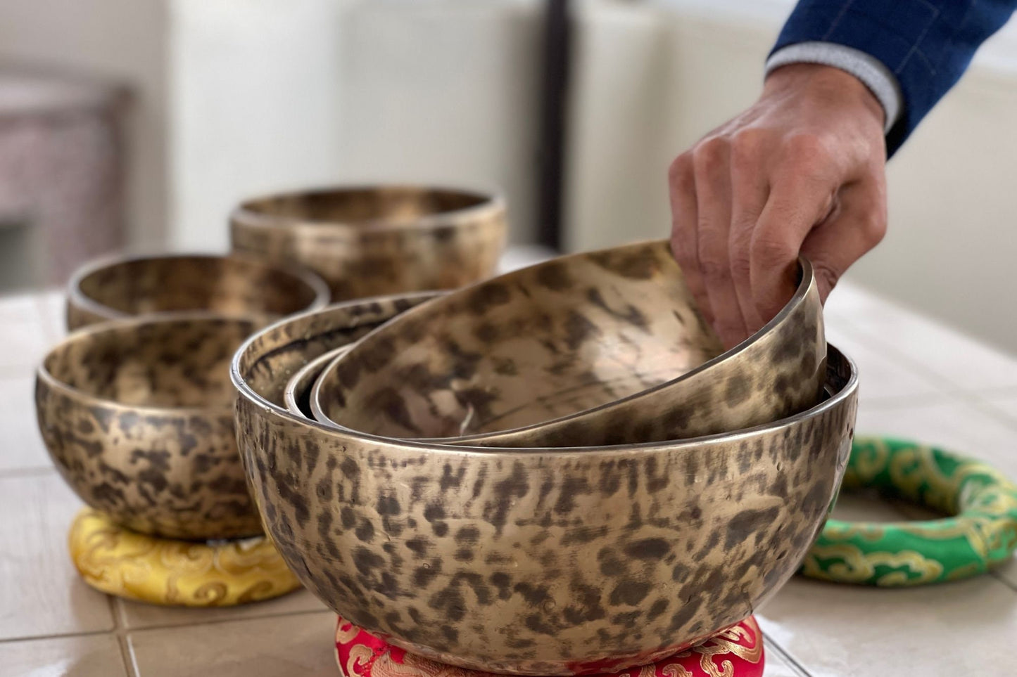Handmade Antique Carved Singing Bowl Set: Tibetan Sound Healing