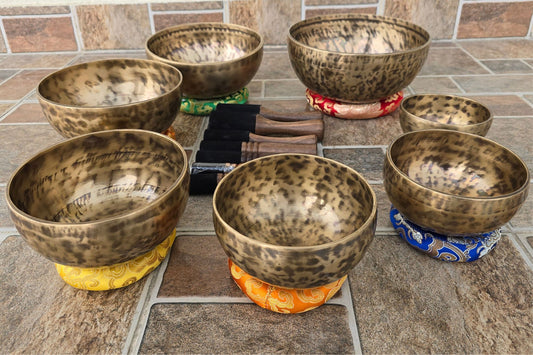Handmade Antique Carved Singing Bowl Set: Tibetan Sound Healing