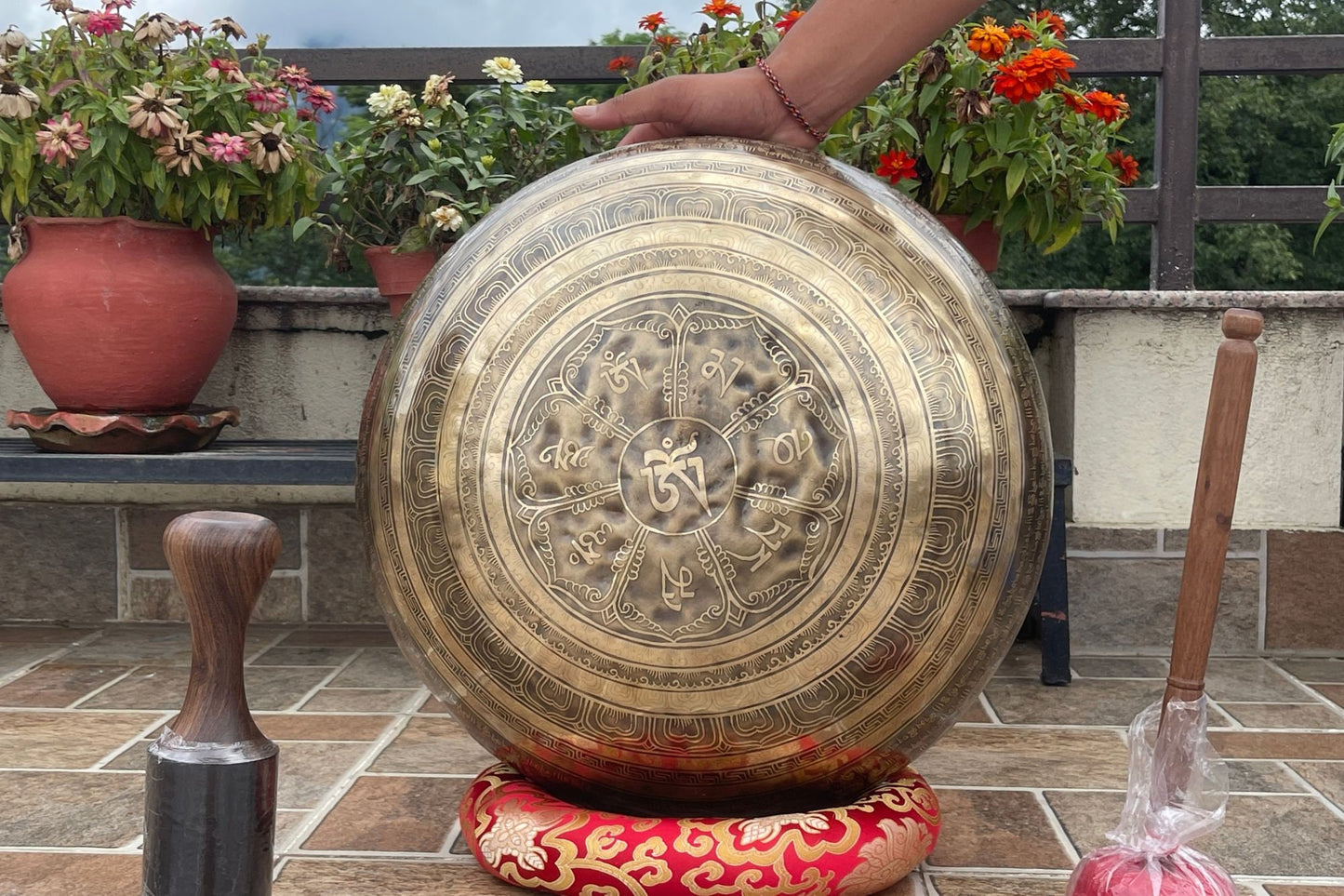 Rare 17-Inch Mantra Carved Singing Bowl: Handmade Tibetan Meditation Bowl