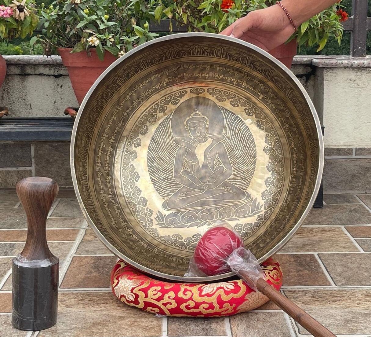 Rare 17-Inch Mantra Carved Singing Bowl: Handmade Tibetan Meditation Bowl