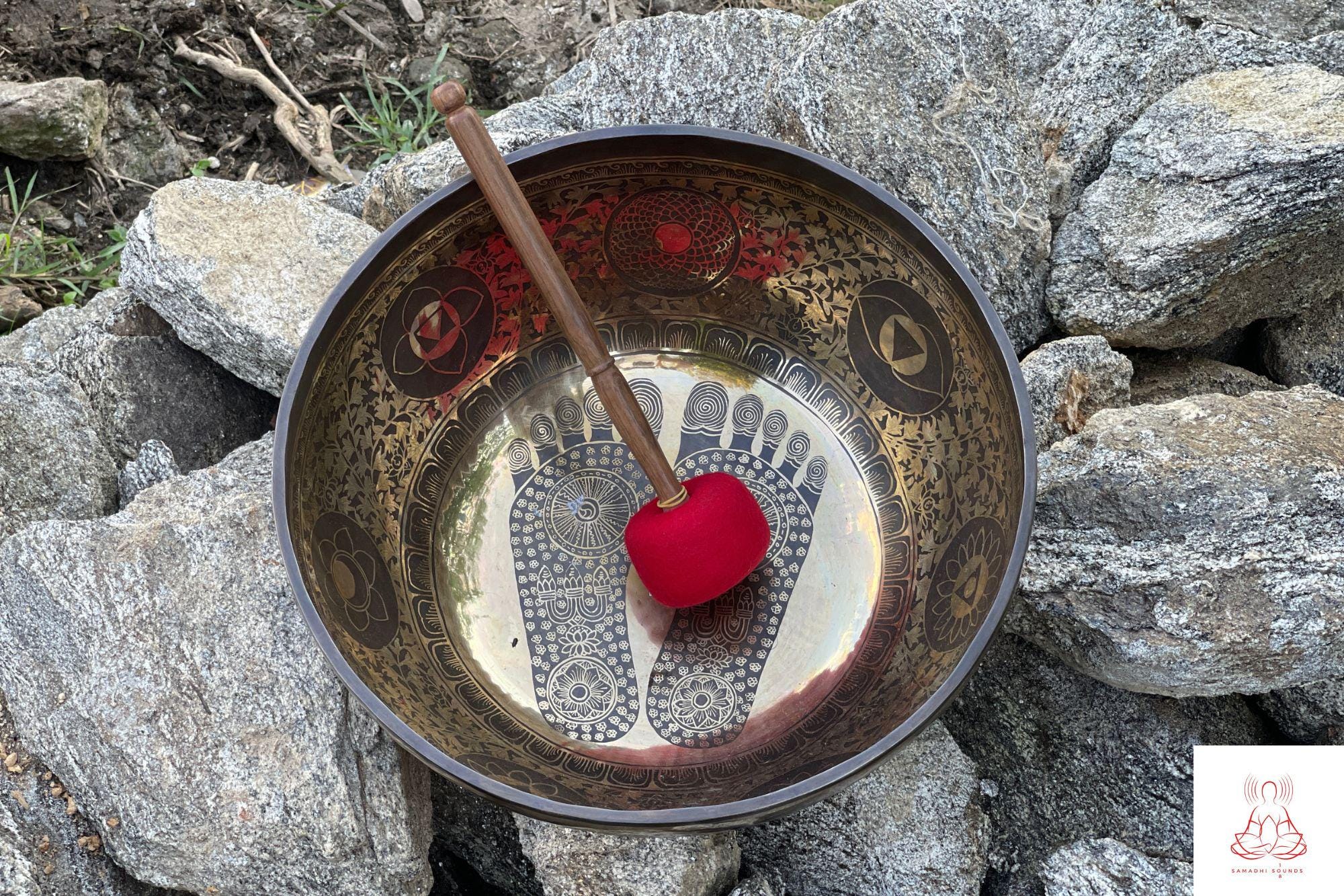 Hand Engraved Buddha Footprint Singing Bowl: Sound Healing Therapy