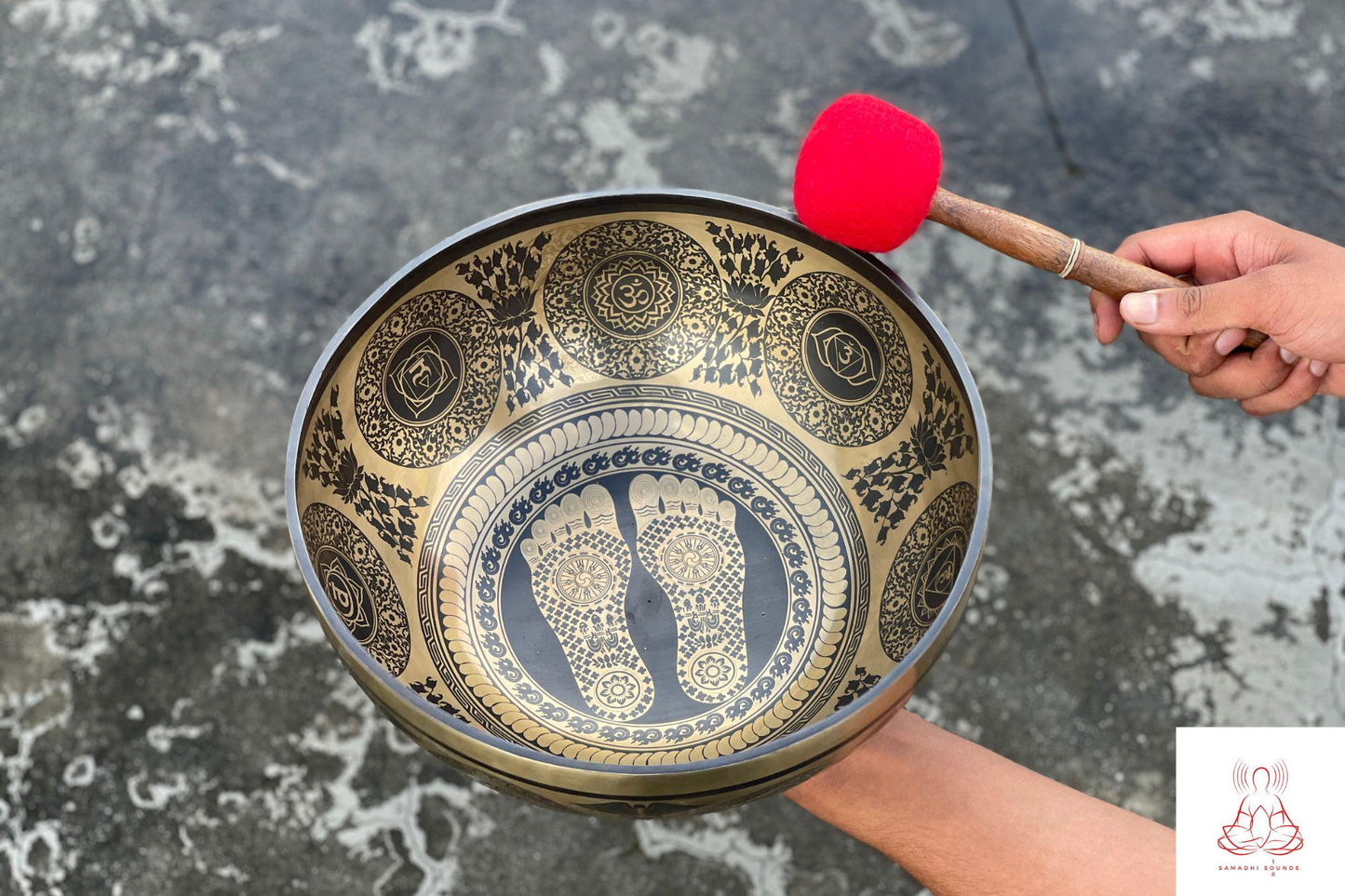 Handmade Buddha Footprint Singing Bowl: 12 inch Tibetan Bowl for Meditation