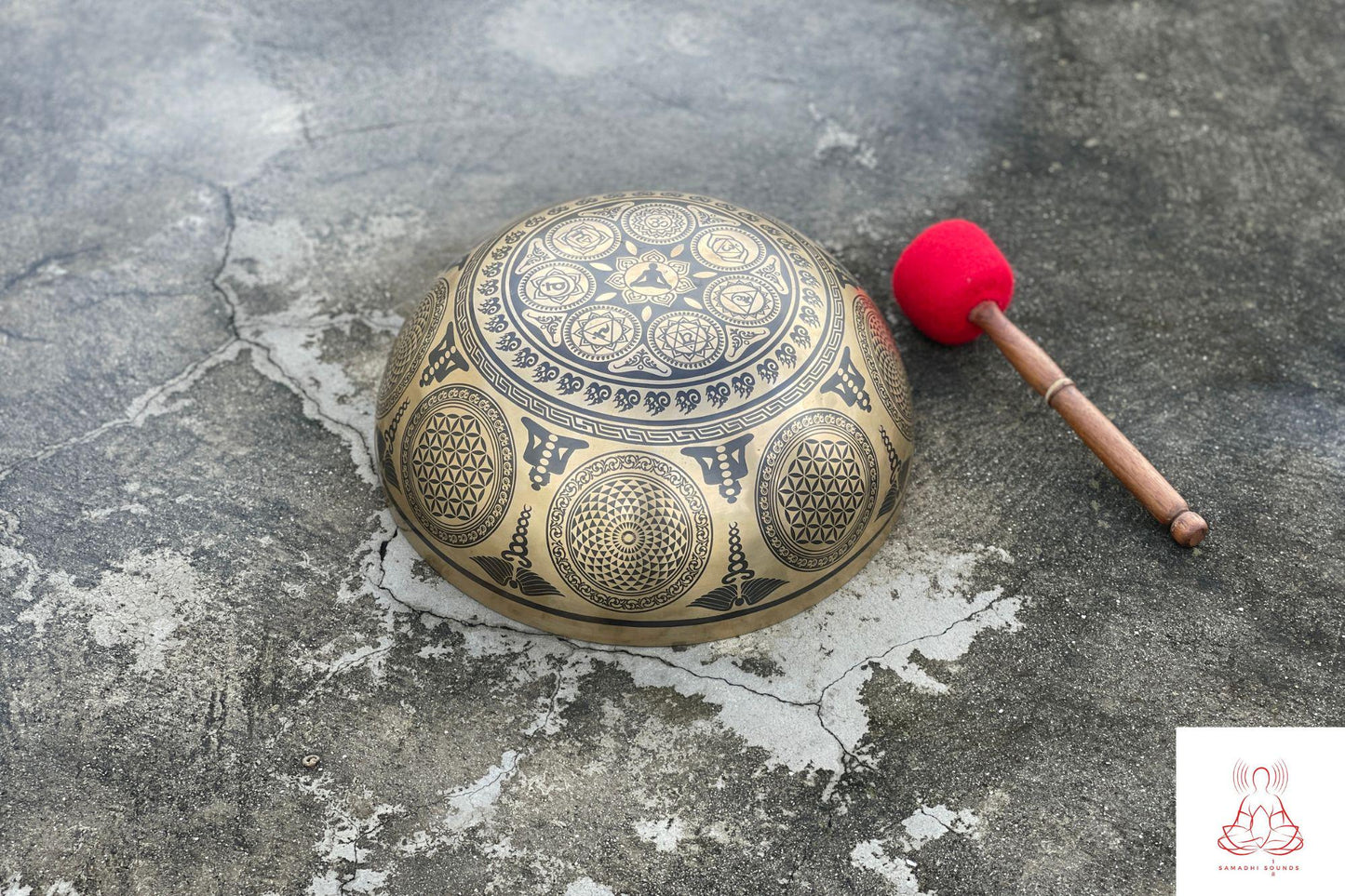 Handmade Buddha Footprint Singing Bowl: 12 inch Tibetan Bowl for Meditation