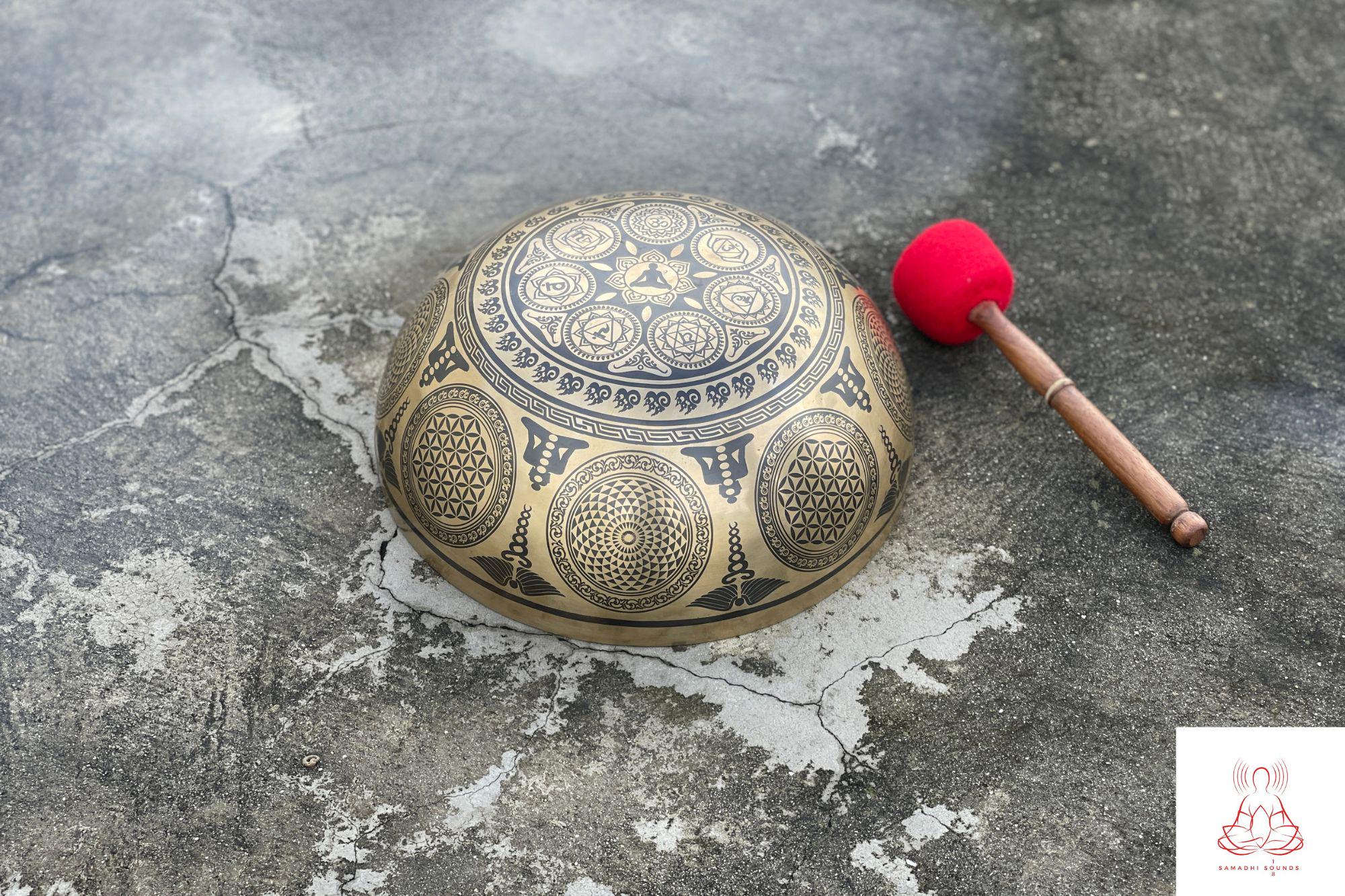 Handmade Buddha Footprint Singing Bowl: 12 inch Tibetan Bowl for Meditation