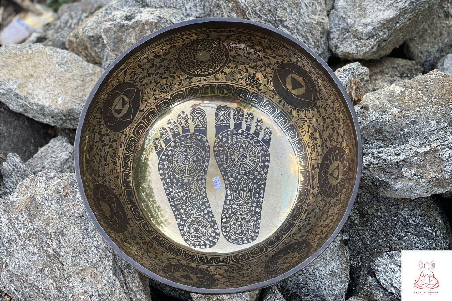 Hand Engraved Buddha Footprint Singing Bowl: Sound Healing Therapy