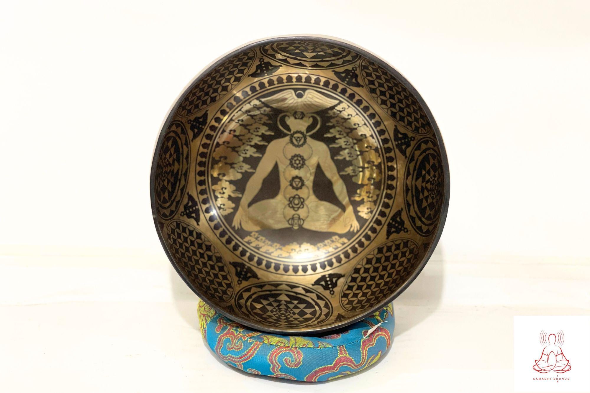 Tibetan Singing Bowl: Seven Chakra Yogi Design, Handmade in Nepal (6-12 inches)
