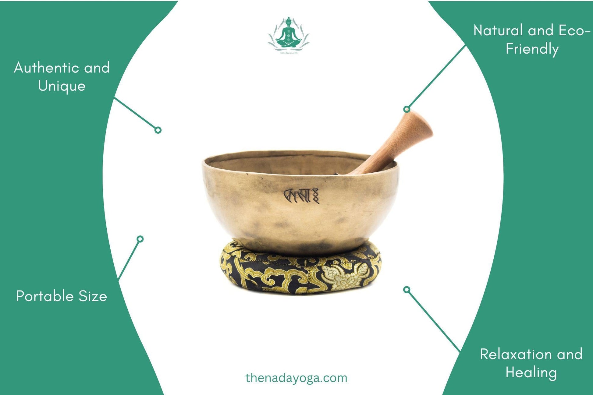 Handmade Tibetan Singing Bowl – Ancient Gold Bronze, Yoga Meditation Set The Nada Yoga