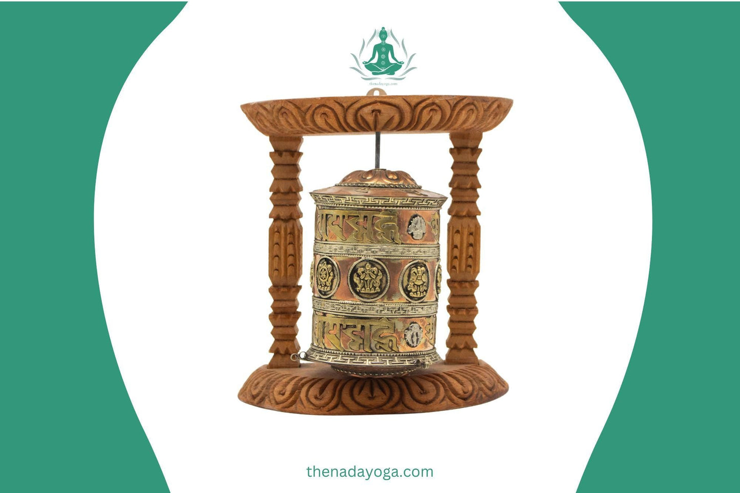 Handcrafted Tibetan Prayer Wheel – Om Mani Padme Hum, Wooden Frame The Nada Yoga