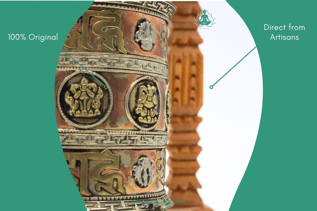 Handcrafted Tibetan Prayer Wheel – Om Mani Padme Hum, Wooden Frame The Nada Yoga